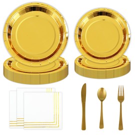 Yinbanban Gold Party Supplies 168pc Disposable Dinnerware Set - 24 Gold Paper Plates (9"&7"), Cups, Cutlery & Napkins for Birthday Wedding Anniversary Graduation Decorations - Serves 24