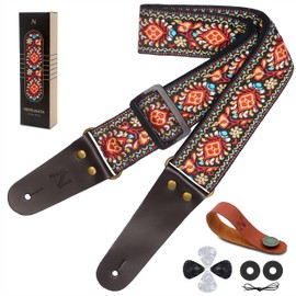 Vintage Embroidered Cotton Guitar Straps with Genuine Leather Ends for Bass, Electric & Acoustic Guitars, Come with Free Strap Button, 1 Pair Strap Locks and 4 Guitar Picks (Red Flower)