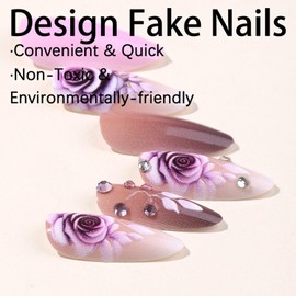 Vopintpy Pink Rose Press on Nails Long Almond Fake Nails Flower Rhinestones Acrylic Nails with Design Mirror Full Cover Glue on Nails Reusable Stick on Nails for Women DIY Charm Manicure