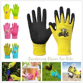 QEARSAFETY Kids Children Garden Gloves, Latex Rubber Palm Coated, Knitted Lining, Flexible, Snug, Firm, Kindergarten, Preschool Kids, Soft and Fun,Age 6-8 Years Old Yellow, Size 5 (5/XXS)