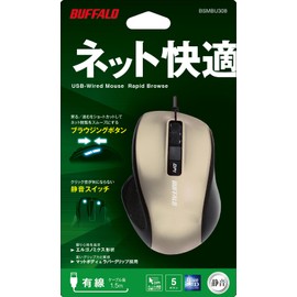 Buffalo BUFFALO Wired BlueLED Quiet 5 Button Mouse, Gold, BSMBU308GD
