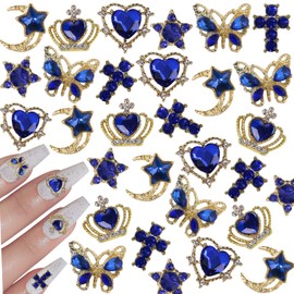 editTime Metal Alloy Nail Charms Rhinestones Kit 3D Gold Silver Stars Butterfly Heart Rose Flower Nail Gems Shiny Crystal Rhinestones Diamonds Jewelry (blue-30)
