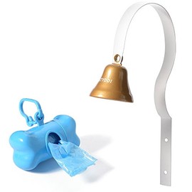 STYDDI Metal Dog Doorbell Kit - Potty Training for Housetraining and Houserbreaking - Comes with Dog Waste Bags (1 Roll) and Dispenser Blue(White)