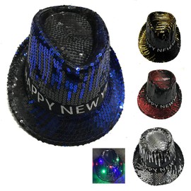Pack of 12 Happy New Years Eve Theme Party Favor Ribbon Sequins Fedora Hats with LED Colorful Lights