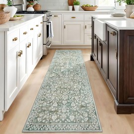 SILOLOOM Vintage 2.6x8 Hallway Runner, Sage Green Beige Washable Non-Slip Hallway Carpet, Super Soft Kitchen Runner Rug, Print Faux Wool Floral Thin Carpet for Indoor & Bedside