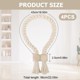Pack of 4 Adjustable Curtain Tiebacks, Curtain Holder with Magnets, Easy to Use, Magnetic Curtain Tensioner, Natural Cotton, Curtain Clips for Home and Office, Beige