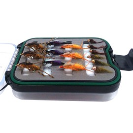 The Fly Fishing Place Nymph Fly Assortment - Essential Bead Head and Double Bead Nymphs Fly Fishing Flies Collection - 15 Trout Flies with Lanyard Waterproof Fly Box - Anglers Gift Set