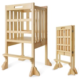 Foldable Toddler Learning Standing Tower, WOOD CITY Montessori Kitchen Step Stool Ideal Helper with 3 Adjustable Heights for Learning New Skills(Natural)