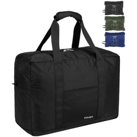 Vimapo Foldable Travel Duffle Bag with Trolley Sleeve 40L - 18x14x8 inches Airline Underseat Lightweight Travel Bag - Packable Ripstop Nylon Carry on Bag (Black)