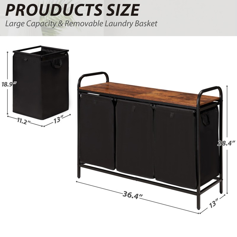 Azaeahom 3 Section Laundry Hamper with Shelf, Laundry Basket Organizer