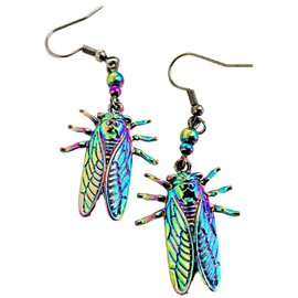 Enchanted Leaves - Cicada Earrings - Iridescent Rainbow Cicada Insect Charm Earrings - Woman's Cottagecore Titanium Forest Bug Jewelry - Cute Gift for Nature Lovers