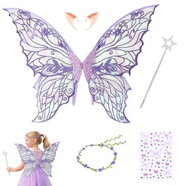 HuaMuDM Fairy Wings Costume, Princess Wings, Wings Fairy, Butterfly Wings Costume, Butterfly Wings with Elf Eyes, Fairy Headband and Stars Fairy Sticks for Fancy Dress or Fairy Theme Parties