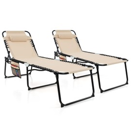 Giantex Patio Lounge Chairs for Outside - Set of 2 Folding Tanning Chair w/Headrest, 4 Adjustable Positions, Side Pocket, Outdoor Chaise Lounge for Camping, Pool, Sunbathing Beach Chair, Beige