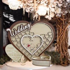 CSARPECT Wedding Guest Book, Alternative Picture Frame, 23 Wooden Hearts, 12 Puzzles, Rustic Guest Sign, Christening Book, Memory Album, 12 Heart Balloons, 1 Pen, for Engagement, Anniversary,