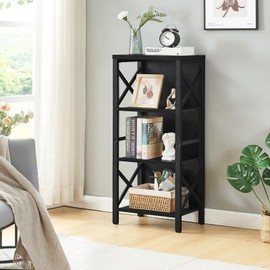 MNEETRUNG Small Bookcase,4 Tier Industrial Bookshelf with Metal Frame and Backboard,Narrow Black Book Shelf,Small Office Book case for Small Spaces,Living Room,Bedroom and Home Office