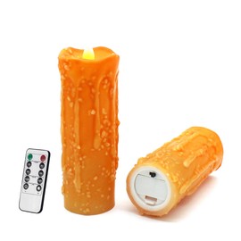 CVHOMEDECO. Real Wax Hand Dipped Battery Operated LED Pillar Candles with Remote Control, Primitives Country Flickering Dancing Flame Lights Décor, H 6 & 5 Inch, Set of 2 (Orange)
