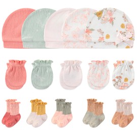 MAMIMAKA Baby Boy Girl Caps Mittens and Socks Cotton Newborn Essentials Accessories (Hats+Gloves+Socks), 0-6 Months