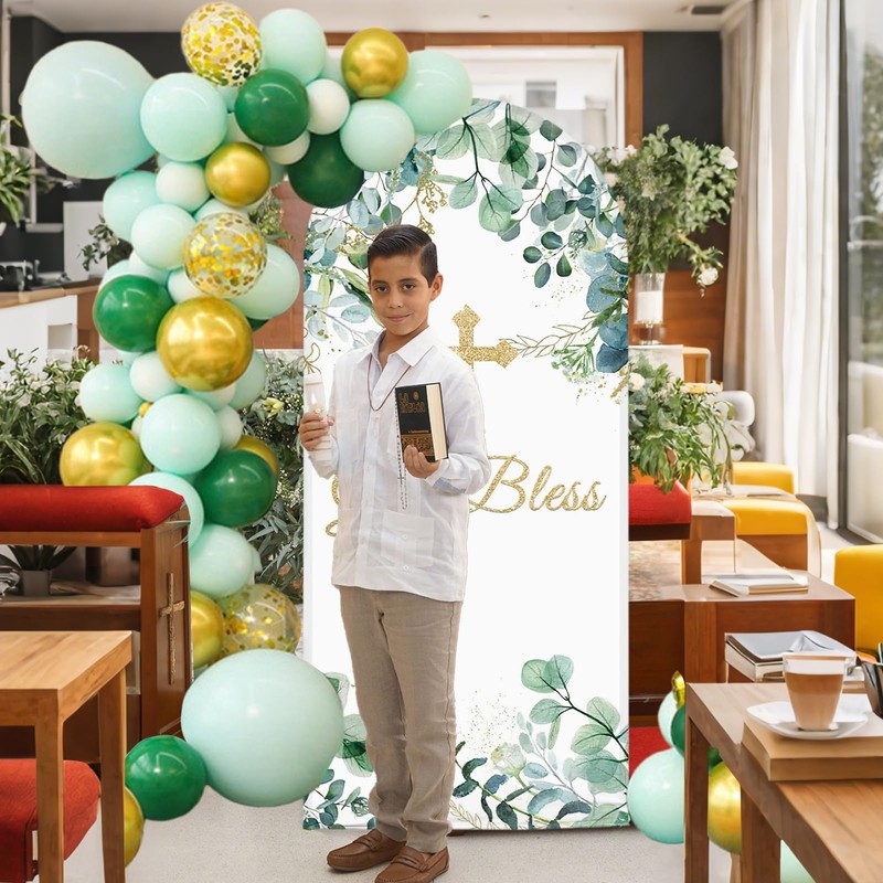 MEHOFOND 3.3x 7ft My Baptism Golden Cross Green Eucalyptus Leaves