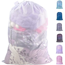 Polecasa Extra Heavy Duty Large Diamond Mesh Laundry Bags with Drawstring Closure & ID Tag, 24 x 36 inches Washable Storage Bag for College, Travel, Sports, Dorms, White