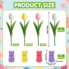 Easter Bunny Table Decorations Indoor - 60Pcs Easter Peeps Decor - Multicolor Artificial Tulips & Bunny Vase Fillers Set - Spring Home Decor, Easter Party, Centerpiece Displays (Vase Not Included)