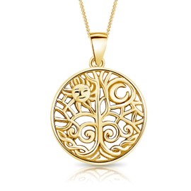 DTPsilver® 925 Sterling Silver, Yellow Gold-Plated or Rose Gold Plated Necklace - Tree of Life Sun and Moon Symbol Pendant - With or without Chain - Width: 1.2 mm - Adjustable Length: 40 to 45 cm,