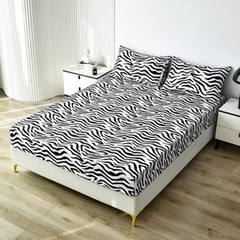 Black White Leopard Print Fitted Sheet Queen Girls Women Luxury Cheetah Print Bed Sheet Set Kids Bedroom Wild Animal Decor Bed Cover with Deep Pocket Fitted Sheet Stripe Lines Bed Set (No Flat Sheet)