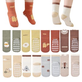 Baby Toddler Non-Skid Crew Socks with Grips Girl Boy Non Slip Socks Infant Newborn First Walking Floor Socks 8 Packs (US, Age, 1 Year, 3 Years, Cartoon)