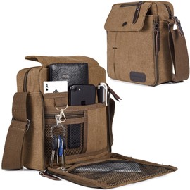 CAAORDKSO Men's Shoulder Bag Small Crossbody Bag, Vintage Canvas Messenger Shoulder Bag Satchel Travel bag Multi Pocket Purse (Coffee)