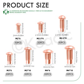 Keadic 170Pcs M2/M2.5/M3/M4 x 6/8/10mm Copper Brazier Head Solid Rivet Assortment Set, Solid Rivet Fasteners for Repairing Boats Furniture Electrical Automotive