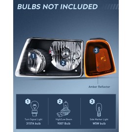 Nilight Headlight Assembly Compatible with 2001 2002 2003 2004 2005 2006 2007 2008 2009 2010 2011 Ford Ranger Replacement Headlamp Black Housing Amber Reflector