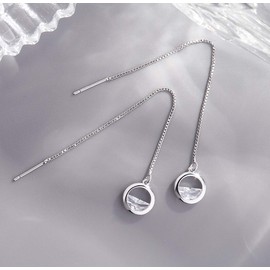 Iszie 925 Sterling Silver Half Cubic Zirconia Crystal Circle Threader Dangle Pull Through Circle Women's Earrings