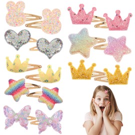 Nogeqi 8 Pairs Cute Metal Snap Hair Clips for Kids, Sparkly Hair Clips for Girls, Crown, Butterfly, Star, Heart Shaped Glitter Little Girl Hair Clips, Girls Barrettes For Hair(Multi Colors)