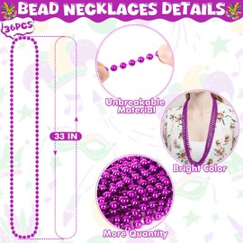 VLUV 36Pcs Purple Mardi Gras Beads Necklaces, 33 Inch Beaded Necklace, Mardi Gras Accessories Purple Party Supplies for Festival Parade Throw Carnival Theme Party Decorations Holiday Gathering Decor