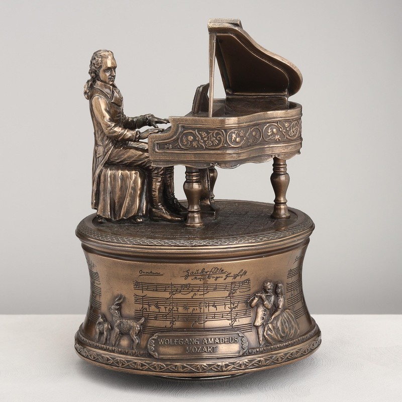 Bronzed Mozart Playing Piano Spinning Music Box