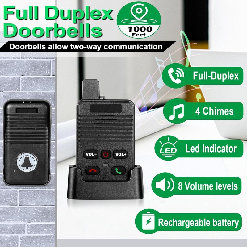 Wireless Door Bell, Full Duplex Long Range Wireless Doorbell, Waterproof