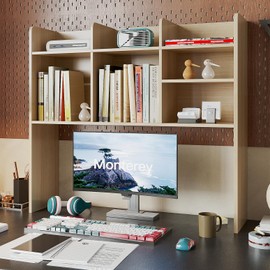 ChooChoo Desktop Bookshelf, Wood Desk Hutch Organizer with 7 Shelves for Computer Desk, Desktop Shelf Bookshelf Storage for College Dorm Office Home, Natural