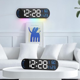 Large Digital Wall Clock with Remote Control 13.7’’, Auto Brightness, 9 RGB Ambient Light, Dual Alarm Clock&Timer, 12/24H Mode, Temperature for Bedroom, Wall Decor Gift for Elder, Black，2 pack