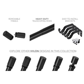 Ivilon Curtain Rods for Windows - Straight Knurling End Cap, 1 inch Diameter, Telescoping Adjustable Curtain Rod, 72 to 144 Inches. Color Black