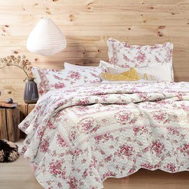 Cozy Line Home Fashions Vintage Rose 2-Piece Quilt Bedding Set, Pink Floral Flower Printed 100% Cotton Reversible Coverlet Bedspread for Women (Rose, Twin - 2 Piece)
