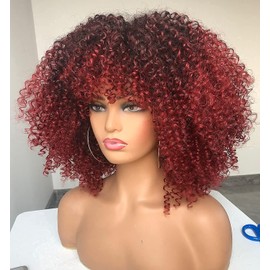 Marshey Afro Kinky Curly Wigs for Black Women Natural Looking Short Bob Wig with Bangs None Lace Front Wig Long Kinky Curly Synthetic Hair for Daily Party (Burgundy, 14 Inch)