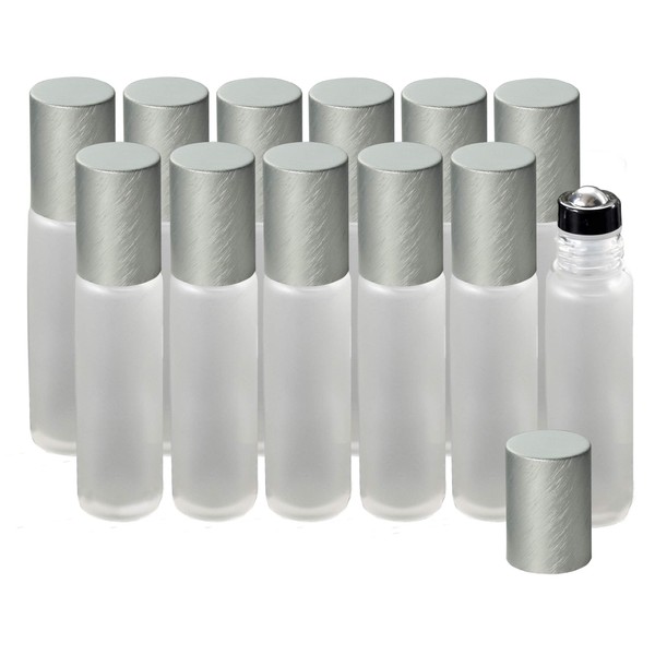 Holistic Oils 10ml Frosted Clear Roller Bottles for Essential Oils, Leakproof Essential Oil Roller Bottles with Thick Frosted Glass, Silver Lid and Stainless Steel Roller Ball Insert (12 Pack)