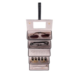 Leah 5 Eyewear & Jewelry Case - Pebbled Vegan Leather, Foldable Case, Snap Closure, Hanging Loop, Interior Mirror, 5 Compartments: Sunglasses and Jewelry (Black)