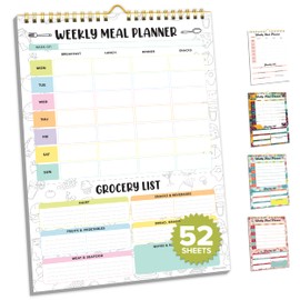Decorably Meal Planner Pad with Grocery List Minimalist - 52 Sheets Weekly Meal Planner for Fridge, 7x10in Spring-Bound Weekly Menu Planner for Fridge, Weekly Meal Planner Magnetic Meal Planner