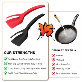 KJG Fried Egg Spatula, 2-in-1 Spatula, Flipper Spatula, Fried Egg Turner, Multi-Purpose High Temperature Resistance Steak Turner for Turning Omelette, Pancakes, Steak, Fish and Egg (Black & Red)