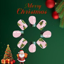 TENPAL Christmas Press on Nails Short Square Acrylic Green Nails Press Ons French Sparkling Fake Nails with Christmas Tree Designs Wearable Artificial Nails for Women and Girls New Year Gift 24pcs