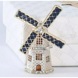 Unbranded Classic Holland WINDMILL Dutch Netherlands Rhinestone Enamel Brooch Blue