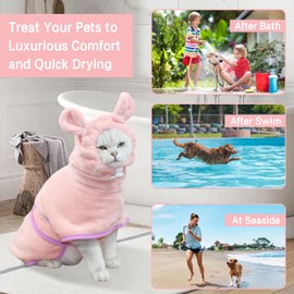 Fnaobai Pet Bathrobe for Dog Cat Absorbently Quick Drying Coat Cute Dogs Bath Towel Hooded Robe Adjustable Collar & Belly Strap for Pool Beach (Pink, Large)