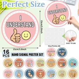 16 Pcs Sign Language Posters for Classroom, Teacher Students Visual Cues Cutout, Hand Signals for Classroom Bulletin Board Decor (Boho)