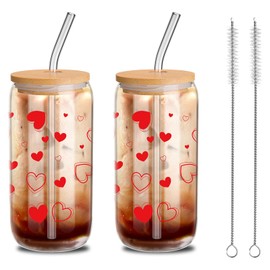 Yetene 2 Pack Hearts Iced Coffee Cups 16 oz Valentine's Day Glass Cups with Bamboo Lids and Straws Valentines Day Drinking Heart Cup for Mother Wife Women Wedding Birthday(Red)