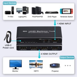 8K@60Hz HDMI Splitter 1 in 4 Out, 1x4 HDMI 2.1 Splitter Support 4K@120Hz, 1080P@240Hz VRR HDCP2.3 HDR 10, 48Gbps EDID Dolby Atmos 7.1ch